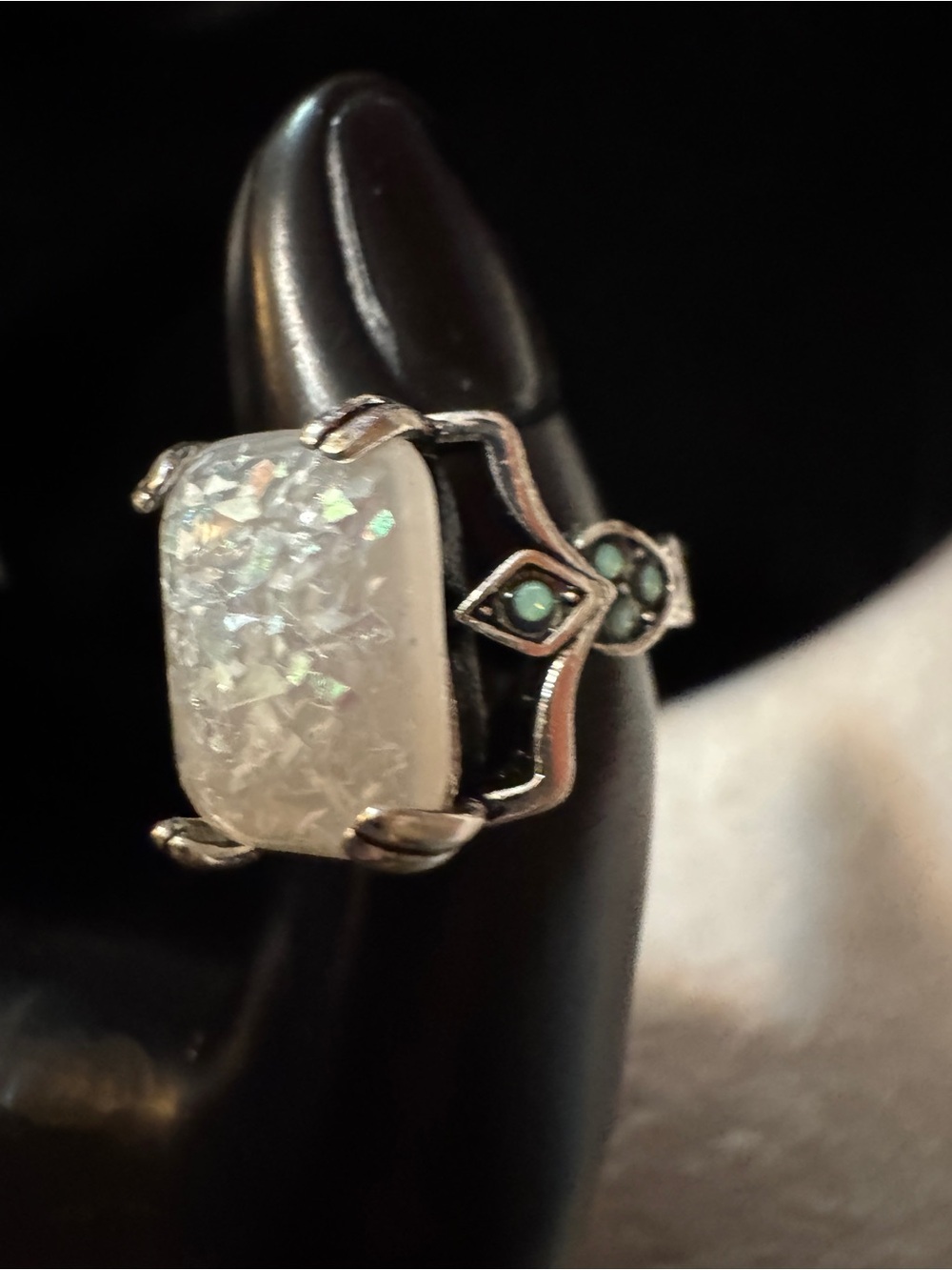 Sterling Silver colored White Opalized Glass Statement Ring